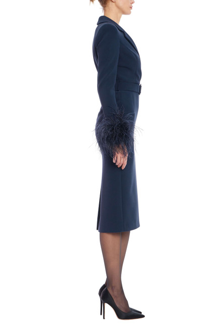 Navy | Feather Trim Belted Sheath Dress Side