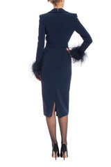 Navy | Feather Trim Belted Sheath Dress Back