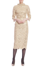 Gold | Gold High Neck Long Sleeve Cocktail Dress with Belt Front