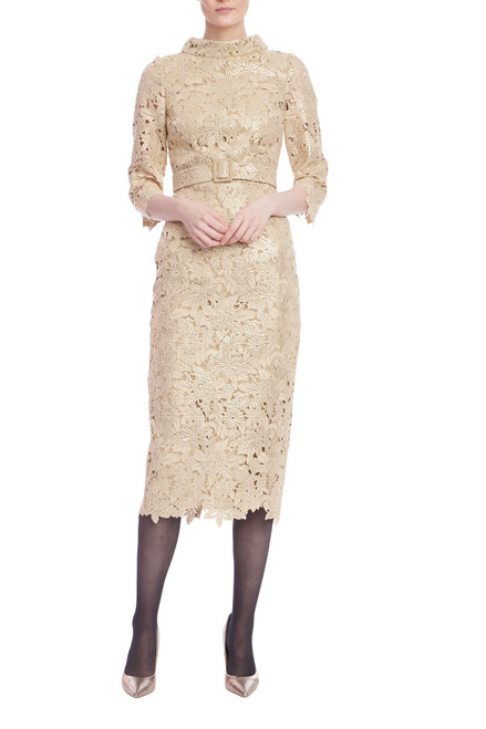 Gold | Gold High Neck Long Sleeve Cocktail Dress with Belt Front