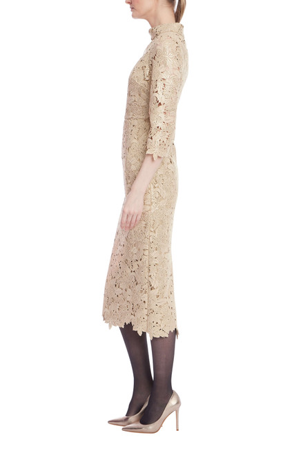 Gold | Gold High Neck Long Sleeve Cocktail Dress with Belt Side