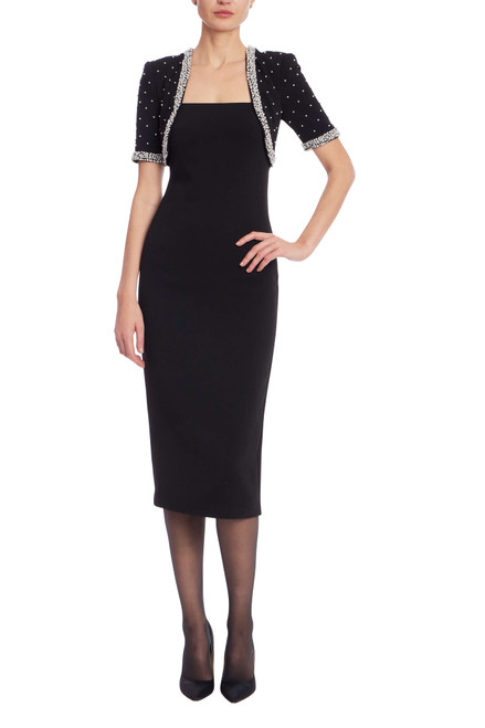 Black | Square Neck Sheath Dress with Embellished Bolero Front