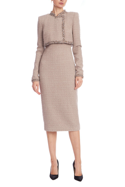 Latte | Tweed Sheath Dress with Embellished Popover Front