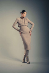 Latte | Tweed Sheath Dress with Embellished Popover Runway