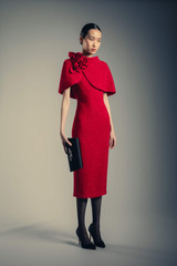 Red | Tweed Rosette Capelet Sheath Dress Runway