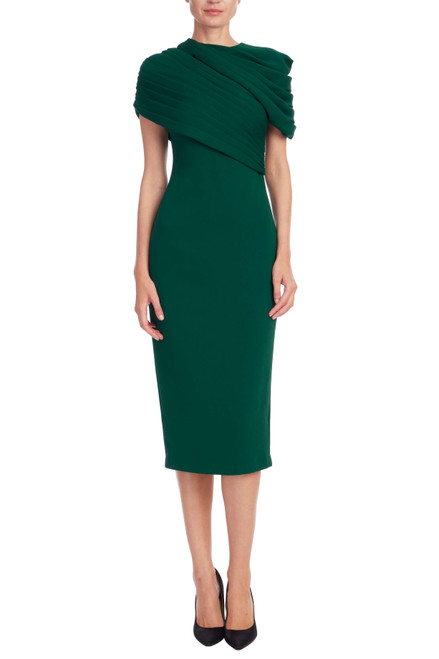 Dark Emerald | Draped Pleated Cap Sleeve Sheath Dress Front