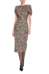 Black Multi | Leopard Print Draped Midi Cocktail Dress Front