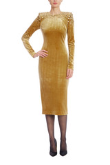 Gold | Gold Velvet Long Sleeve Beaded Shoulder Midi Dress Front
