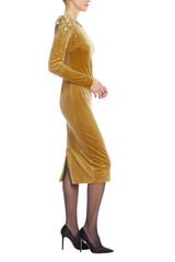 Gold | Gold Velvet Long Sleeve Beaded Shoulder Midi Dress Side