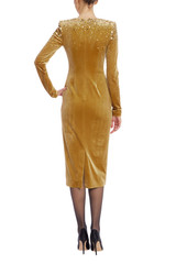 Gold | Gold Velvet Long Sleeve Beaded Shoulder Midi Dress Back