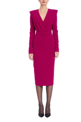 Raspberry | Long Sleeve V-Neck Belted Midi Dress Front