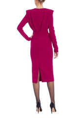 Raspberry | Long Sleeve V-Neck Belted Midi Dress Back