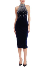 Navy | Beaded Velvet Halter Sheath Dress Front
