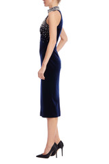 Navy | Beaded Velvet Halter Sheath Dress Side