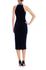Navy | Beaded Velvet Halter Sheath Dress Back