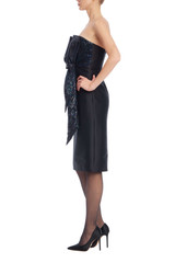 Black | Black Strapless Midi Sheath with Sequin Bow Detail Side