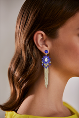 Gold | Floral Linear Cobalt Fringe Earrings Model