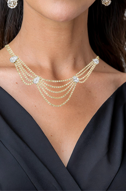 Gold | CZ Teardrop Crystal Bib Necklace Model