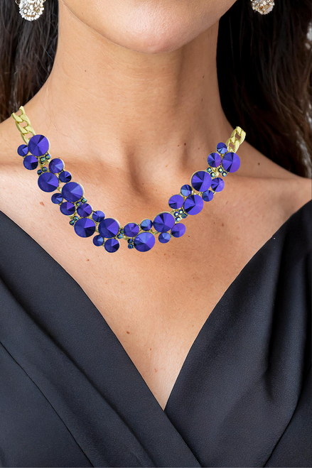Gold | Blue AB Circle Cluster Necklace Model
